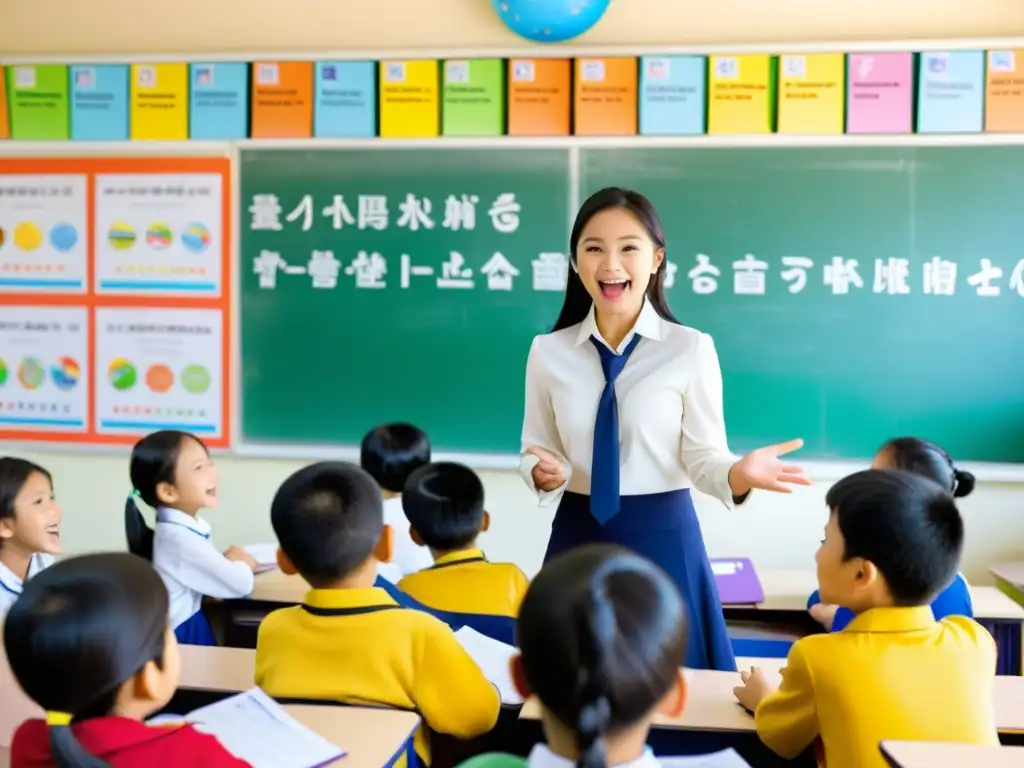 Vibrante aula en Asia: estudiantes participan en dinámica enseñanza de idiomas, rodeados de materiales educativos coloridos