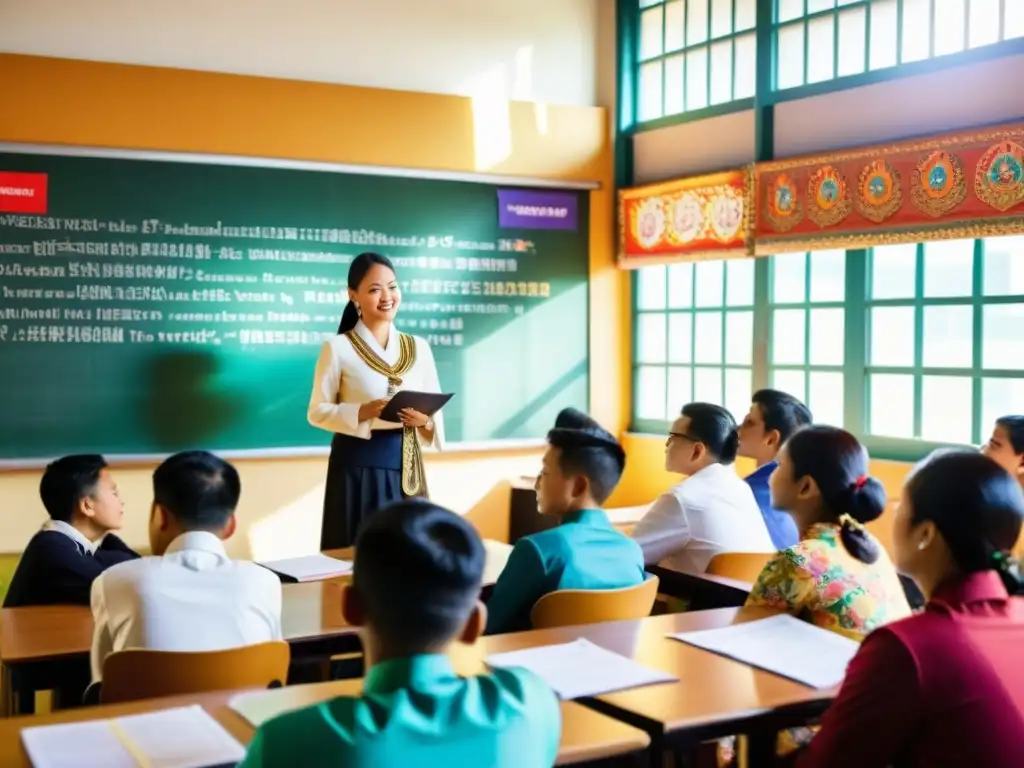 Vibrante aula en Malasia, estudiantes visten atuendos tradicionales, reflejando la rica cultura educativa nacional Malasia