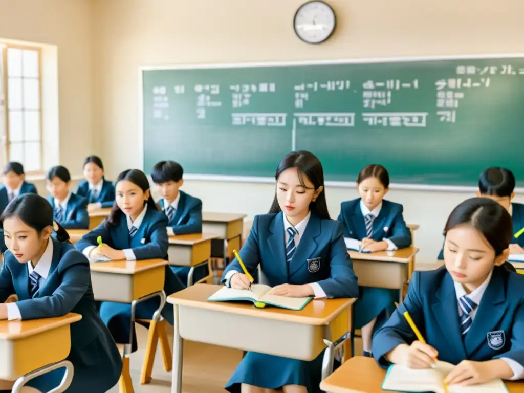 Vibrante aula en Corea del Sur: estudiantes disciplinados en uniformes escolares, atentos a la clase del profesor