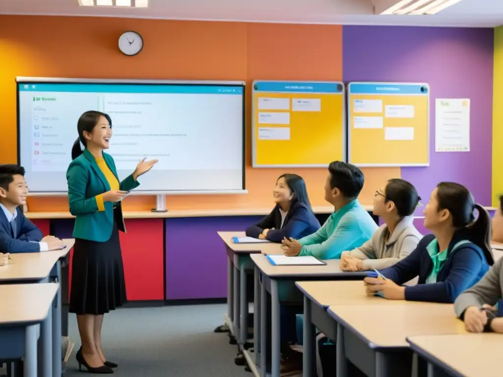 Vibrante aula de idiomas en Asia, con estudiantes de diferentes edades y etnias participando en actividades educativas dinámicas