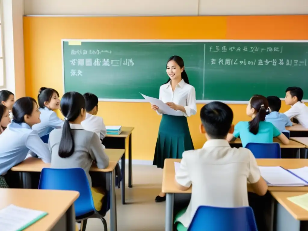 Vibrante aula de idiomas en Asia, con estudiantes participando activamente en actividades de aprendizaje dirigidas por un instructor