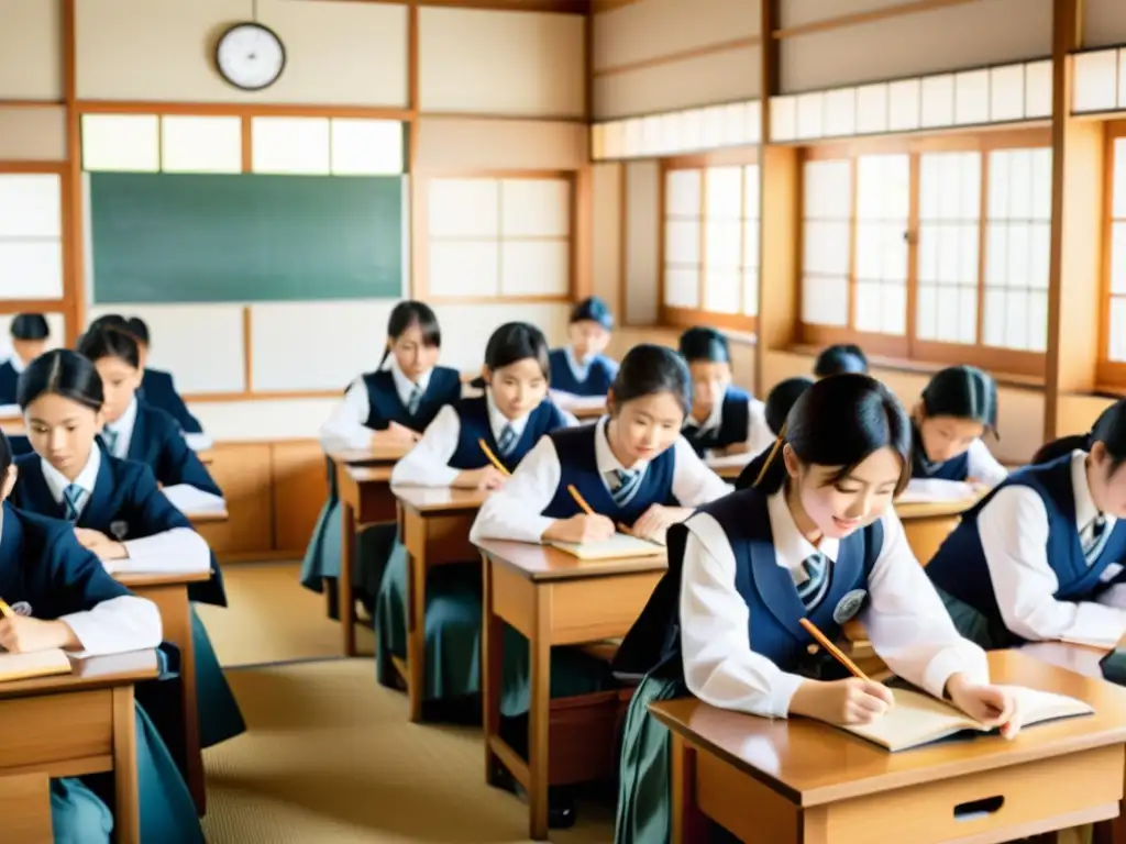 Vibrante aula japonesa con estudiantes atentos y maestro apasionado