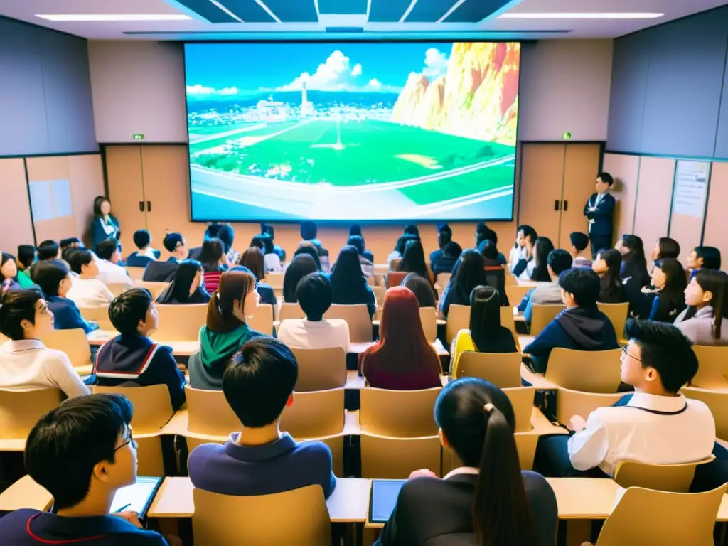 Vibrante aula llena de estudiantes diversos disfrutando un anime