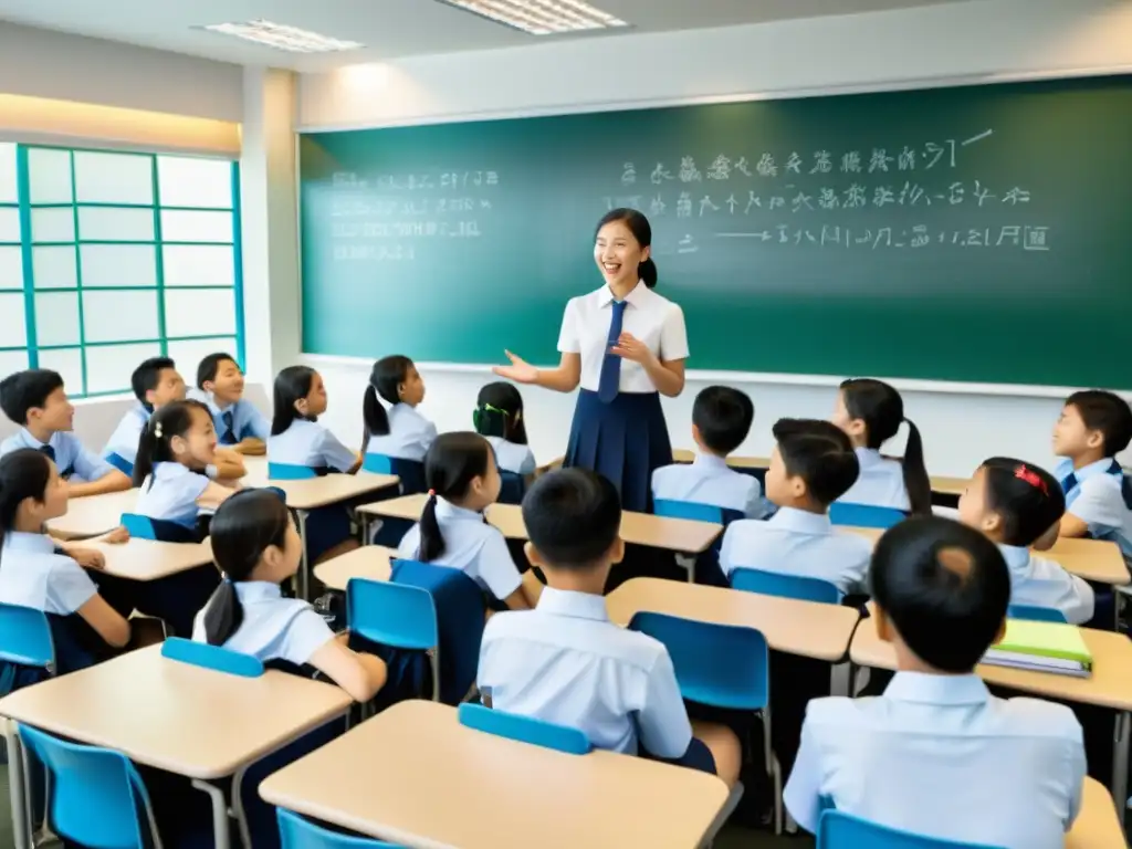 Vibrante aula del Sistema Educativo de Singapur con estudiantes participativos y un profesor innovador