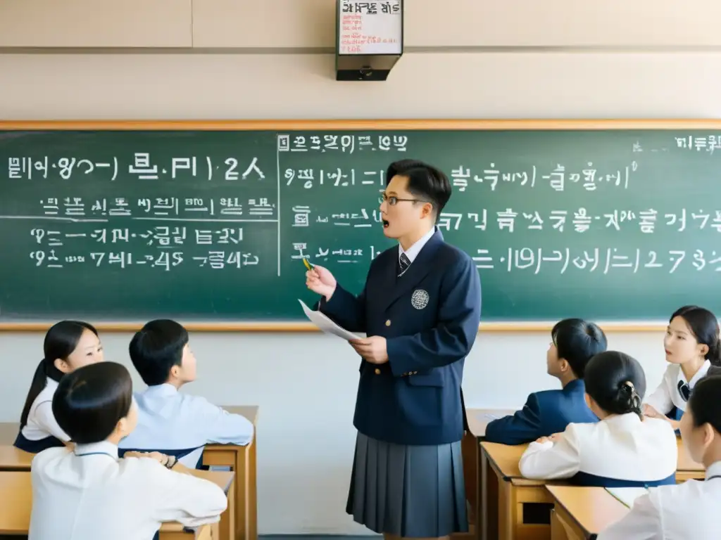 Vibrante aula surcoreana fomentando el pensamiento crítico en la educación asiática, con estudiantes y maestro inmersos en enriquecedoras discusiones