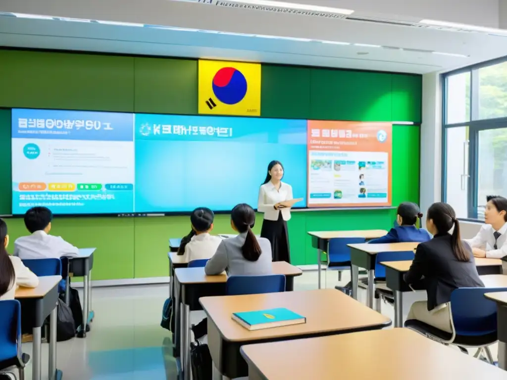 Vibrante aula de tecnología educativa en Corea del Sur, con estudiantes colaborando y maestro liderando, reflejo del sistema educativo asiático