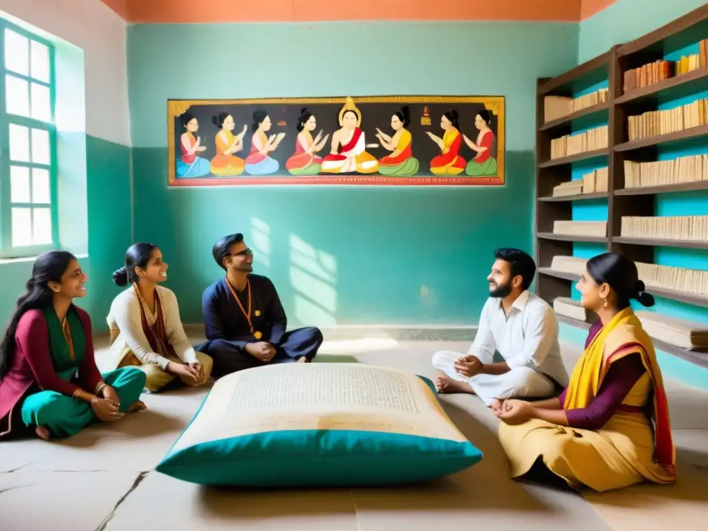 Vibrante discusión sobre la filosofía Sankhya en aula tradicional india, con murales coloridos y estudiantes atentos