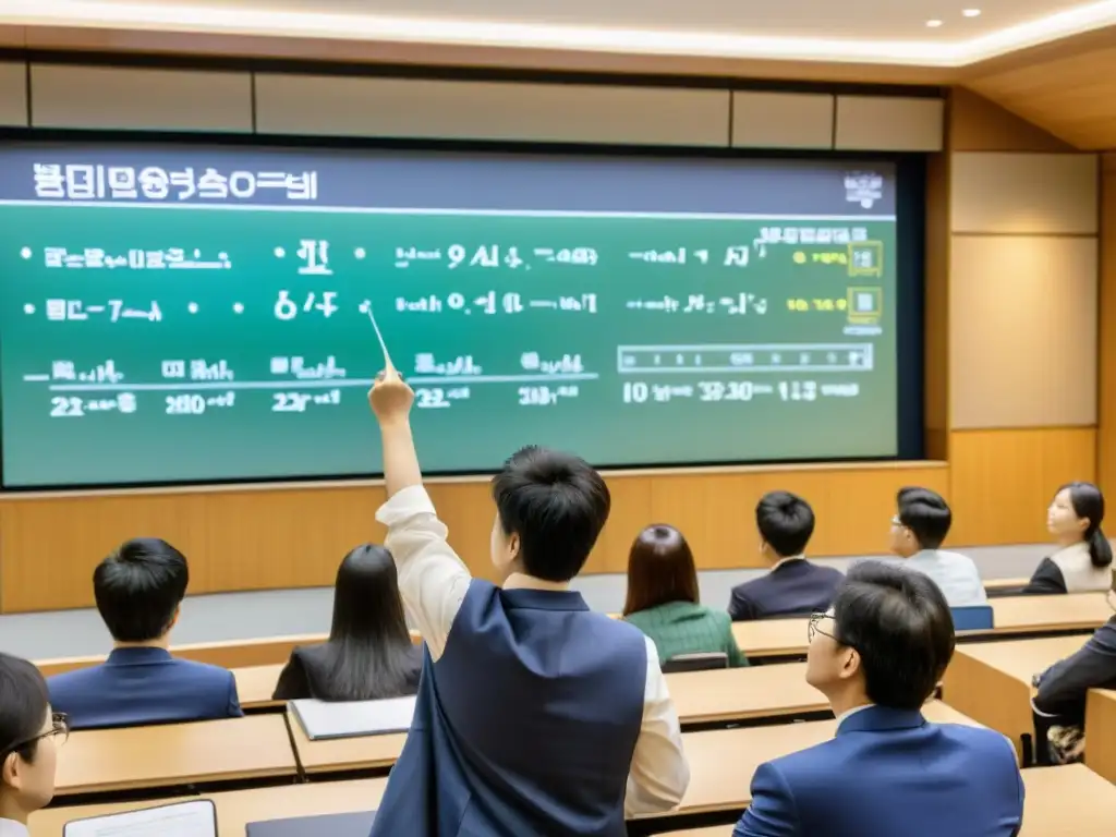 Vibrante aula universitaria en Corea del Sur, donde estudiantes atentos aprenden con pasión