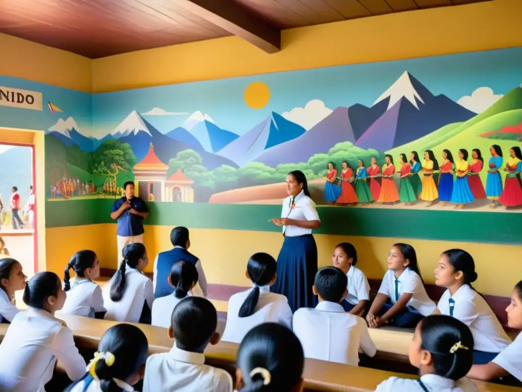 Vibrante aula en Valle Indo con influencia cultural contemporánea Valle Indo, estudiantes inmersos en actividades tradicionales y murales coloridos