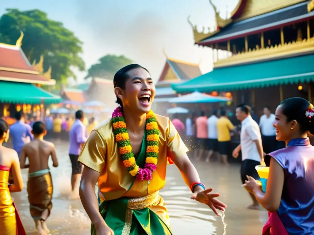 Vibrante celebración auténtica al amanecer en Asia, con gente feliz y colorida, ropa tradicional y ofrendas florales