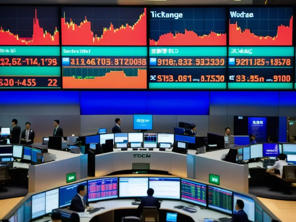 Intenso mercado bursátil asiático: traders, pantallas y rascacielos Vibrante bolsa de valores asiática con traders, pantallas electrónicas y modernos rascacielos, reflejando la intensidad y oportunidades de inversiones en bolsas de valores asiáticas