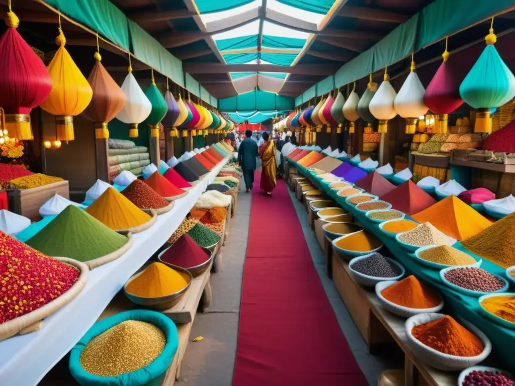 Una fotografía vibrante de un bullicioso mercado asiático, con especias, telas y arte coloridos que capturan la rica paleta cromática de Asia