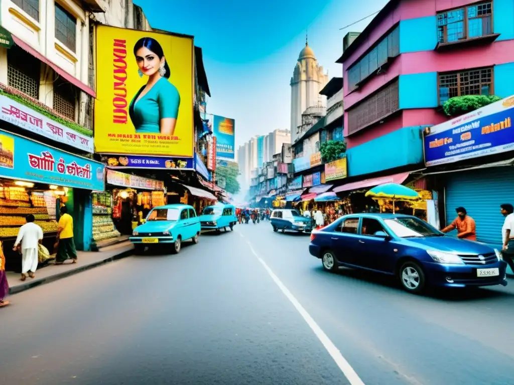 Calles vibrantes de Mumbai: impacto cultural de Bollywood Un vibrante y bullicioso mercado callejero en Mumbai, India, lleno de coloridos comercios y multitudes animadas