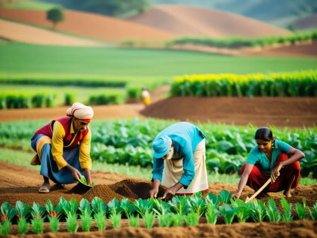 Un vibrante calendario agrícola tradicional asiático cobra vida en esta fotografía documental, mostrando el sembrado en un campo y un paisaje diverso