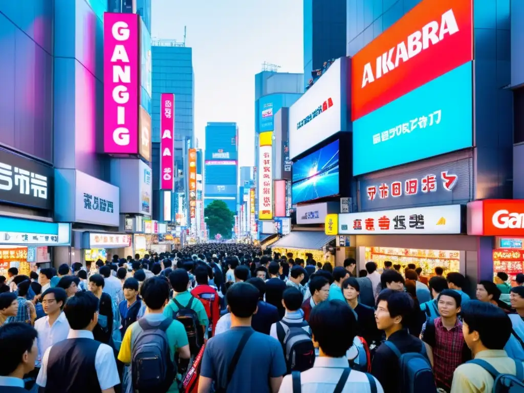 Vibrante calle de Akihabara, Tokyo, con anuncios de consolas de videojuegos asiáticas y multitud vestida con atuendo temático de anime y videojuegos