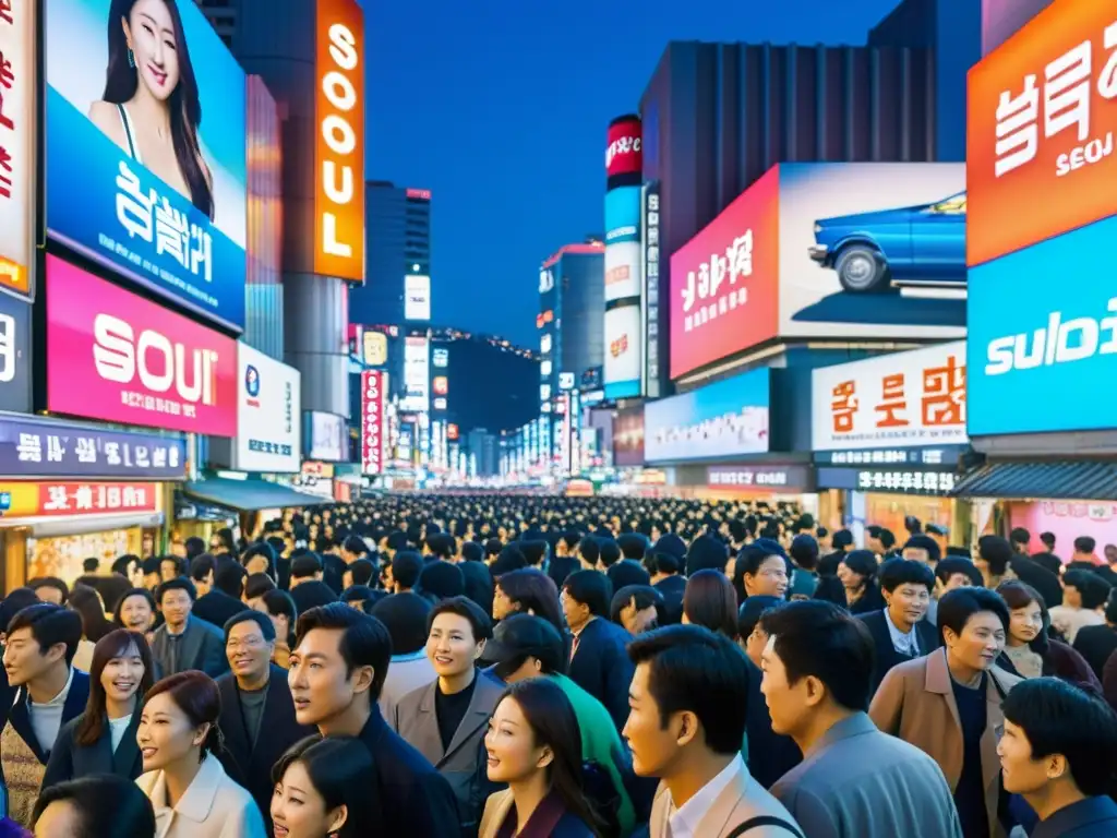 Vibrante calle de Seúl, con anuncios de las series asiáticas más populares en redes, reflejando la energía de la ciudad