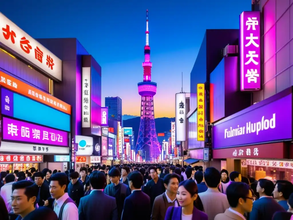 Vibrante calle de Tokio con arquitectura tradicional y proyecciones de realidad virtual y aumentada en Asia, contrastando con el cielo púrpura