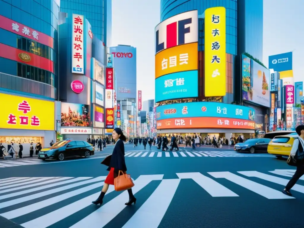 Vibrante calle de Tokio con arte y moda en Asia contemporánea: intersección bulliciosa, edificios modernos y moda tradicional y contemporánea