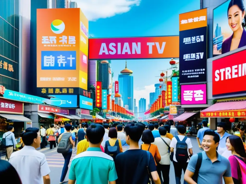 Vibrante calle asiática con anuncios de series asiáticas cambiando la perspectiva sobre Asia, atrayendo a una audiencia global