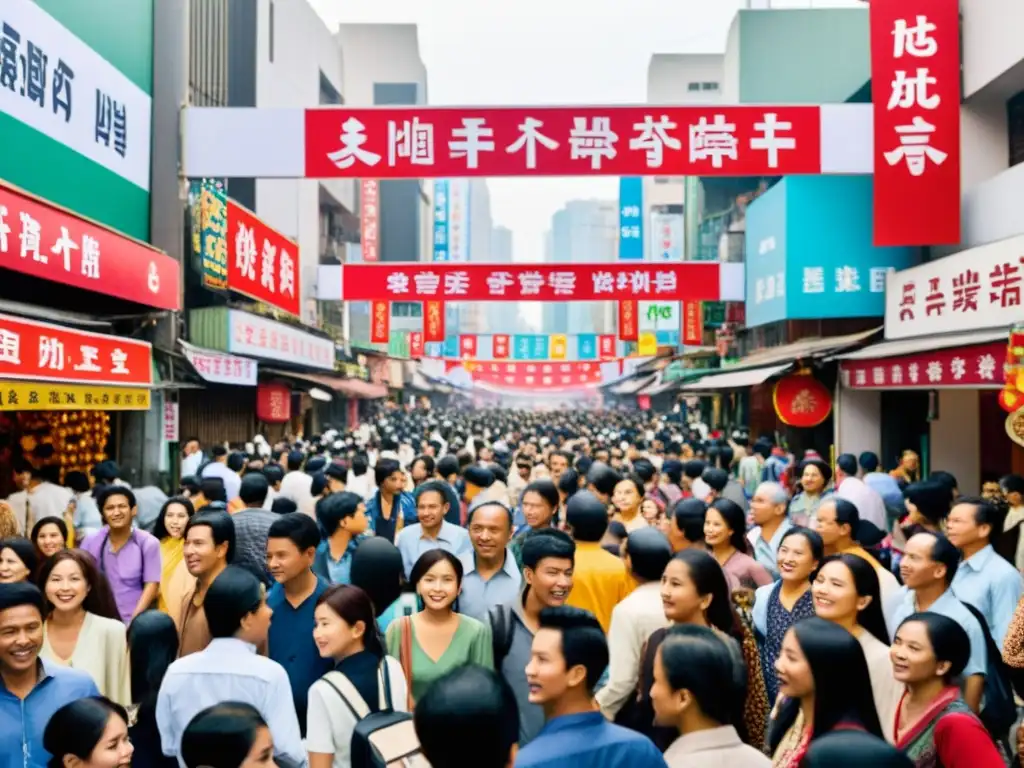 Vibrante calle asiática llena de expresiones diversas, reflejando la libertad de expresión en Asia