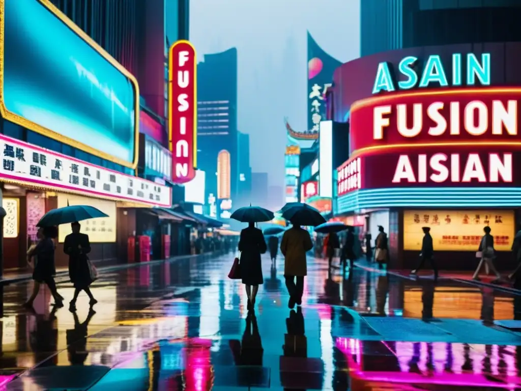 Vibrante calle asiática con luces de neón reflejadas en el pavimento mojado y siluetas de personas caminando en la lluvia