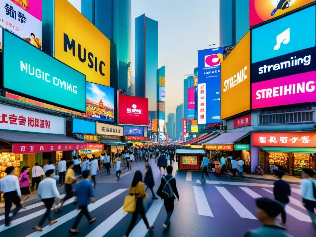 Vibrante calle asiática con música tradicional y tecnología streaming, reflejando la fusión cultural en Asia
