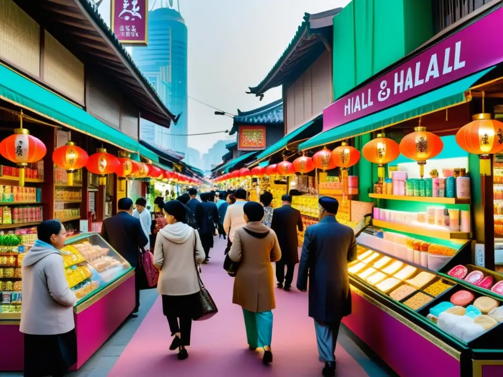 Colorido mercado de cosméticos halal en la bulliciosa ciudad asiática Vibrante calle asiática con tiendas de cosmética halal, entre innovación y tradición