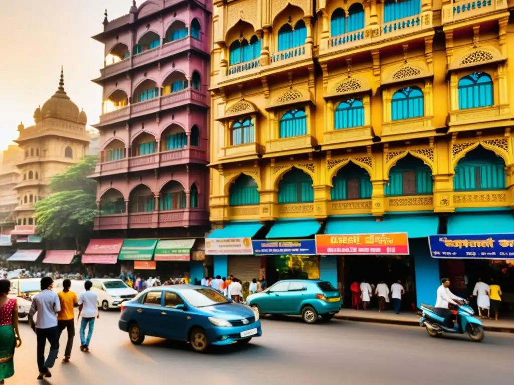 Vibrante calle de Mumbai al atardecer con estética visual cine indio tradicional y moderna arquitectura, gente dinámica