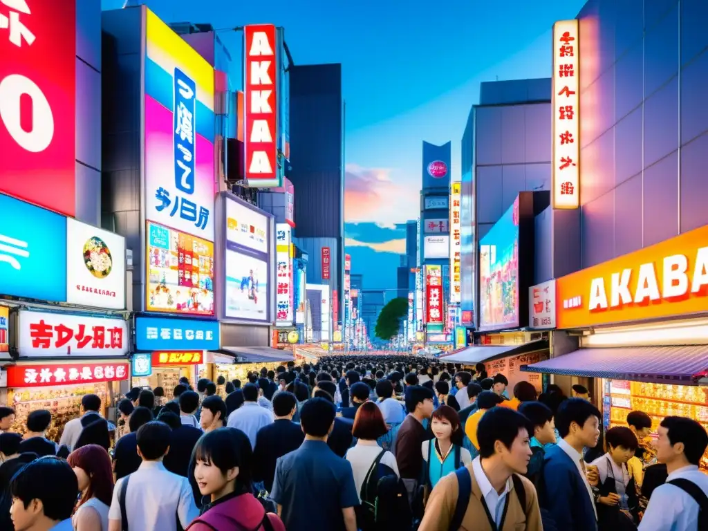 Vibrante calle de Akihabara en Tokio, con carteles de anime y multitudes disfrutando del ambiente