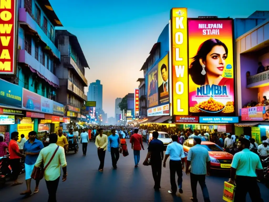 Vibrante calle de Mumbai con carteles de Bollywood y multitud esperando fuera del cine