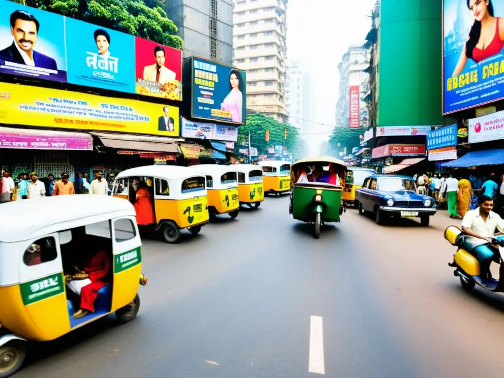 Vibrante calle de Mumbai con carteles de Bollywood, reflejando la evolución del cine indio en Bollywood