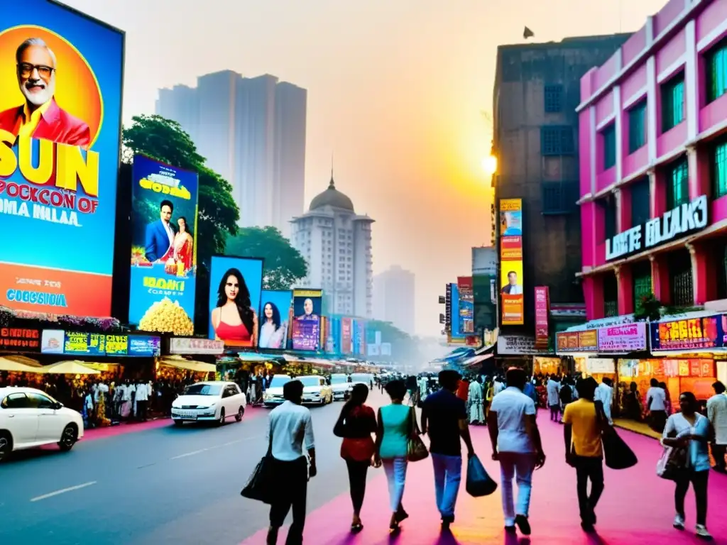 Vibrante calle de Mumbai, India, con carteles de cine y gente disfrutando del ambiente cinematográfico de Estrellas de cine India moderna