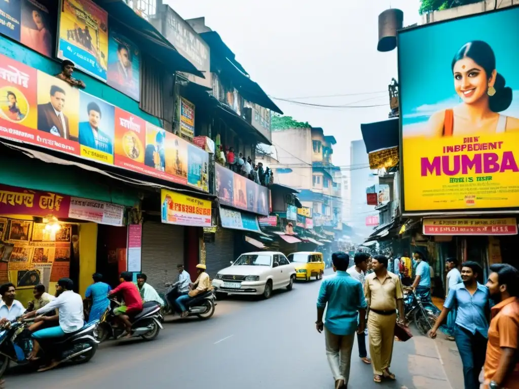 Vibrante calle de Mumbai con carteles de cine independiente India, reflejando la libertad de expresión y creatividad en la industria cinematográfica