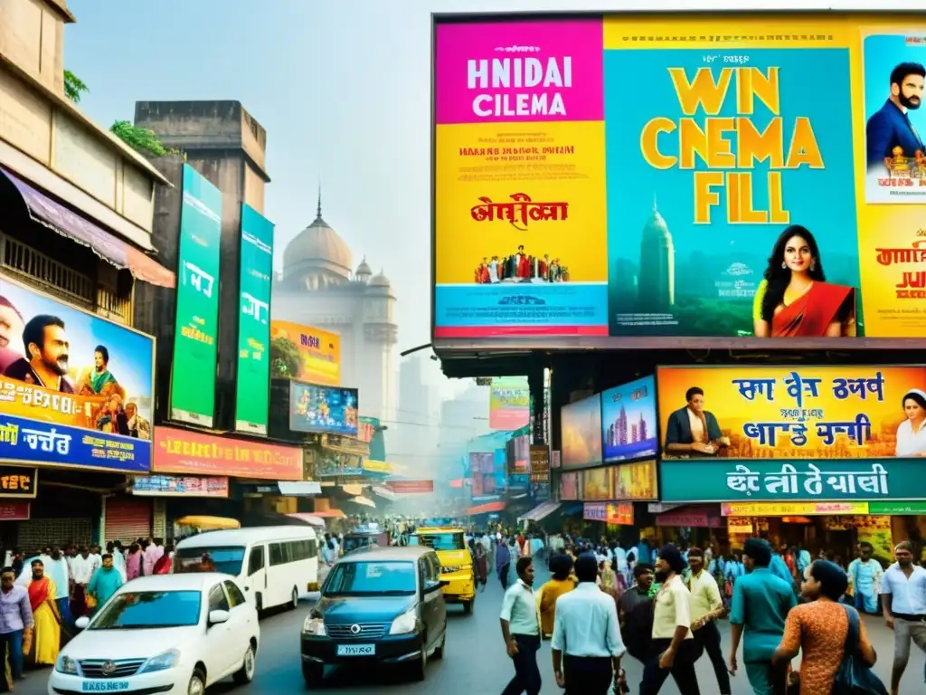 Vibrante calle de Mumbai con carteles de cine en varios idiomas, reflejando la importancia del multilingüismo en India