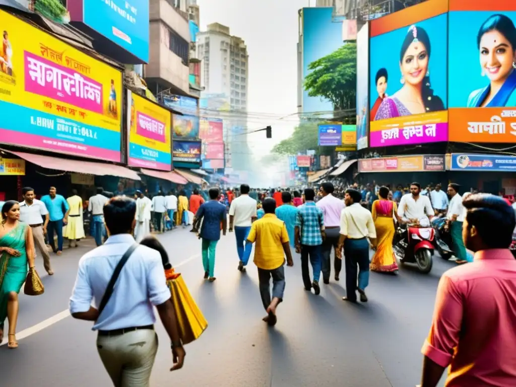 Vibrante calle de Mumbai con carteles de cine regional indio diverso, reflejando la energía y la diversidad cultural