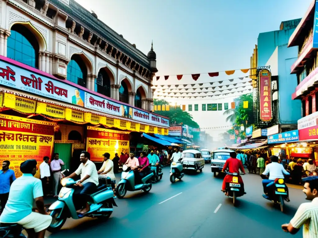 Vibrante calle de Mumbai con carteles de cine de la India en streaming, rickshaws y multitud animada