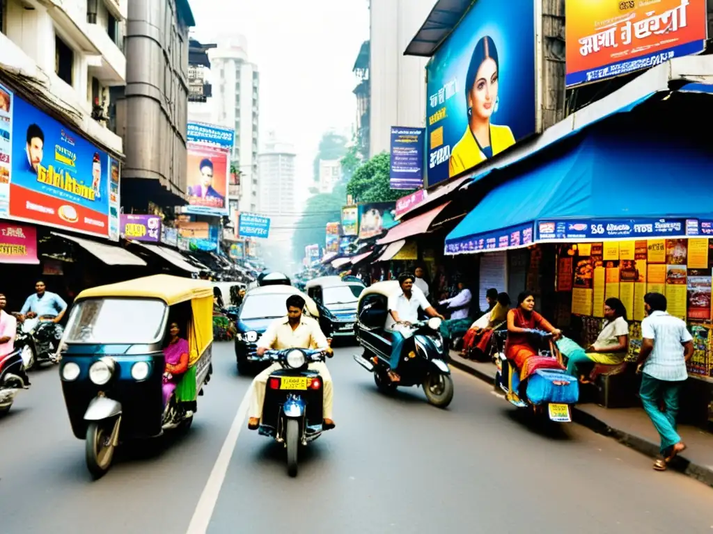 Vibrante calle de Mumbai con carteles de películas de Bollywood, reflejando la energía del cine de la India en streaming