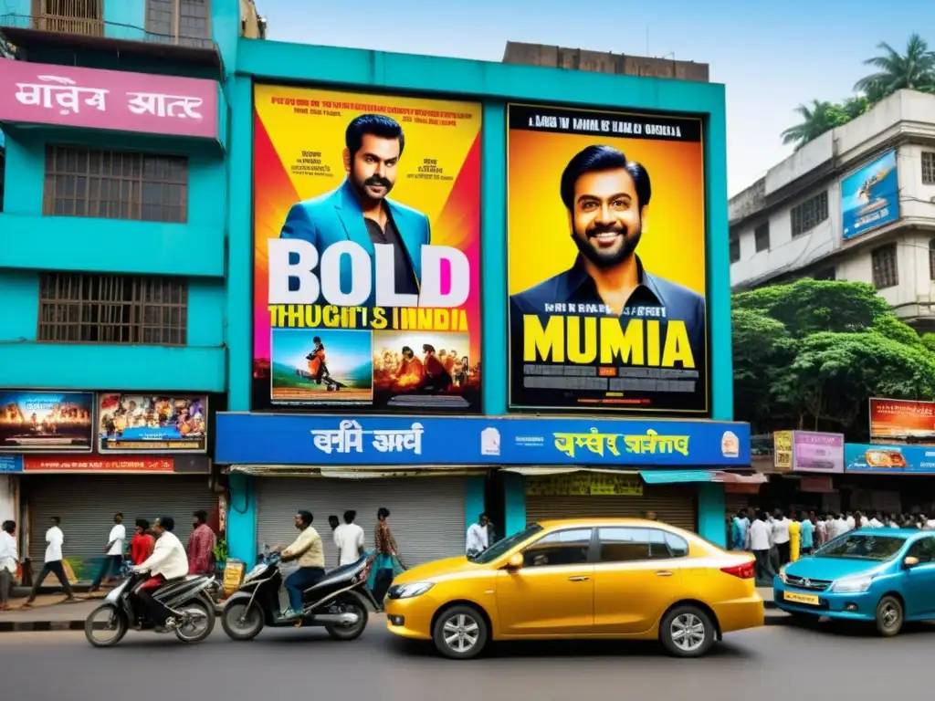 Vibrante calle de Mumbai con carteles de películas indias que desafían status quo, atrayendo a multitudes con su energía y mensajes poderosos