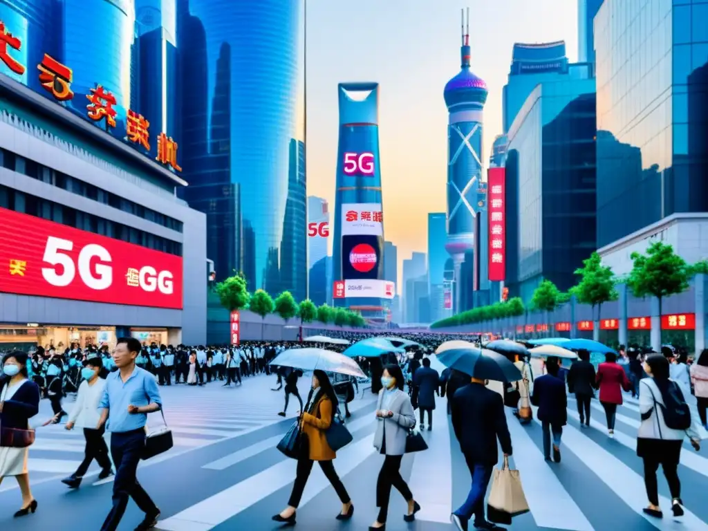 Vibrante calle china con integración de 5G en la sociedad china, mezcla de tradición y tecnología