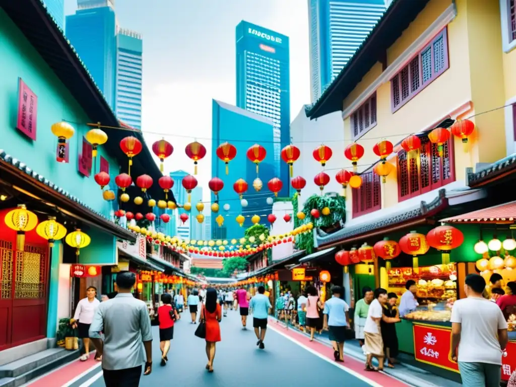 Vibrante calle en Chinatown, Singapur, con casas de colores y faroles tradicionales