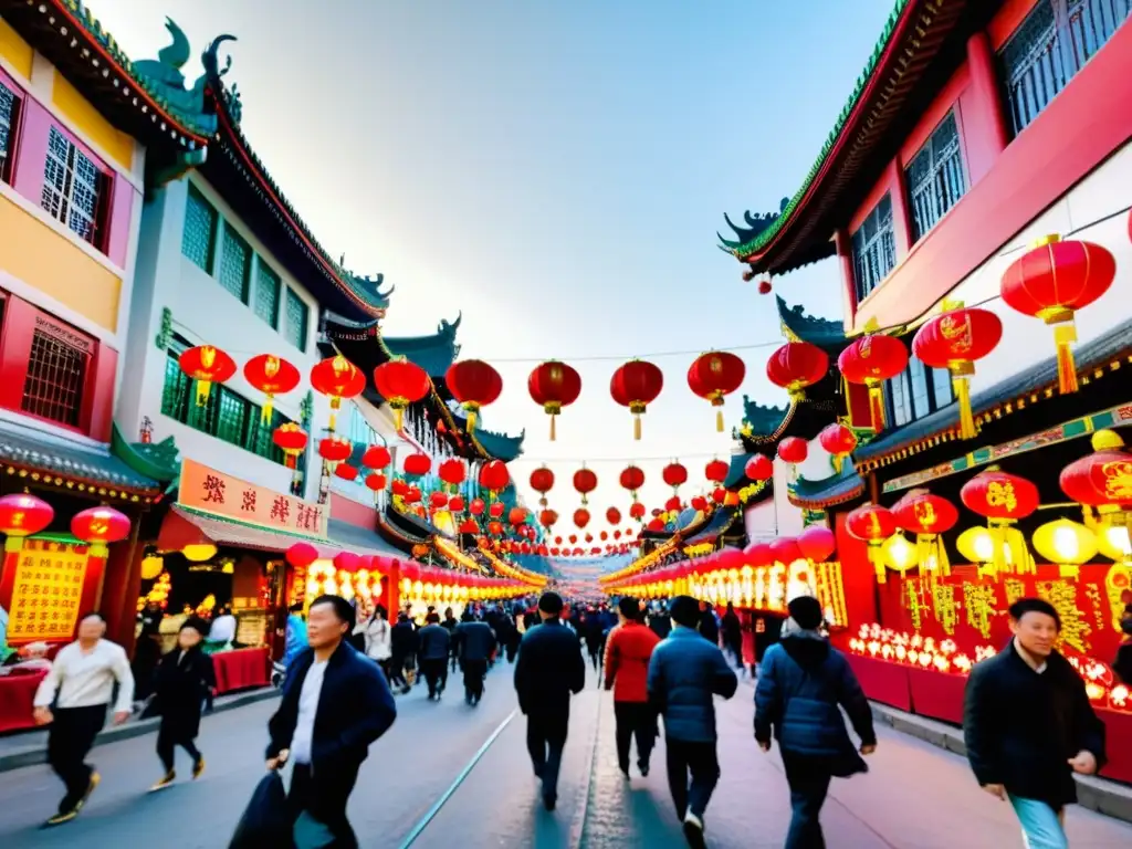 Vibrante calle de Chinatown con linternas coloridas, danzas de dragones y aromas exóticos