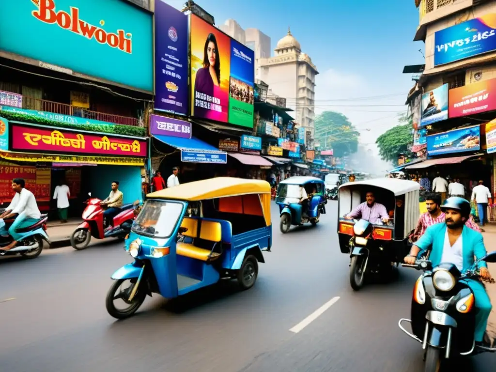 Vibrante calle de Mumbai con cine de la India en streaming y energía cultural