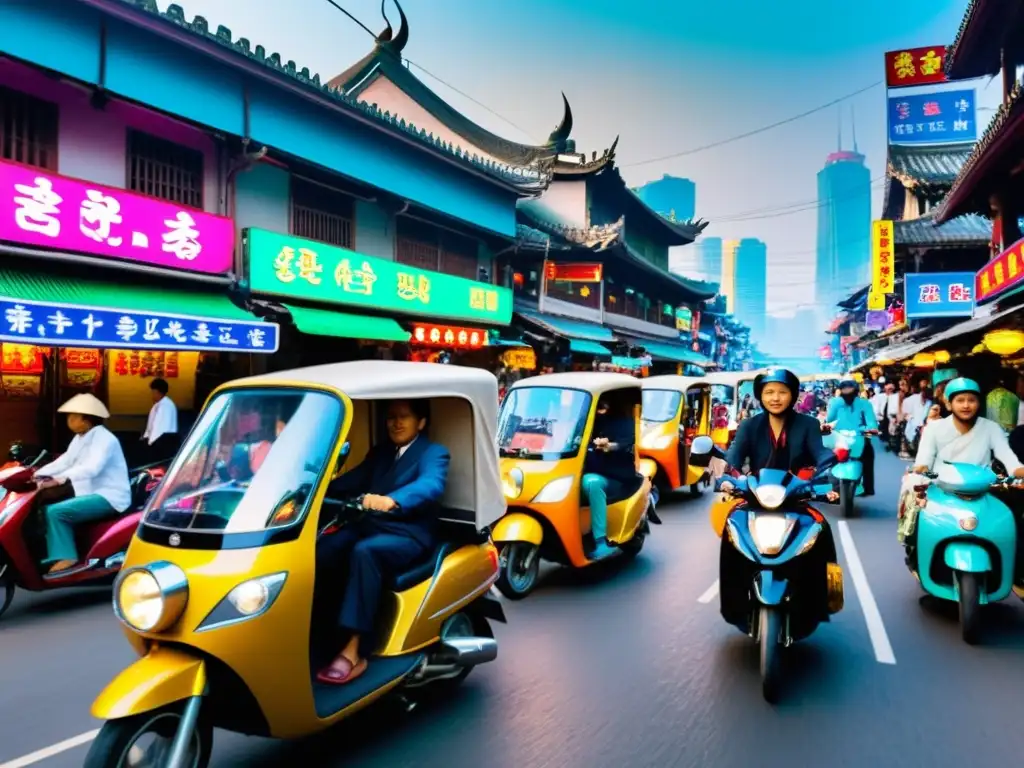 Vibrante calle de una ciudad asiática, con rickshaws, scooters y coches eléctricos, reflejando el impacto global de la movilidad eléctrica en Asia