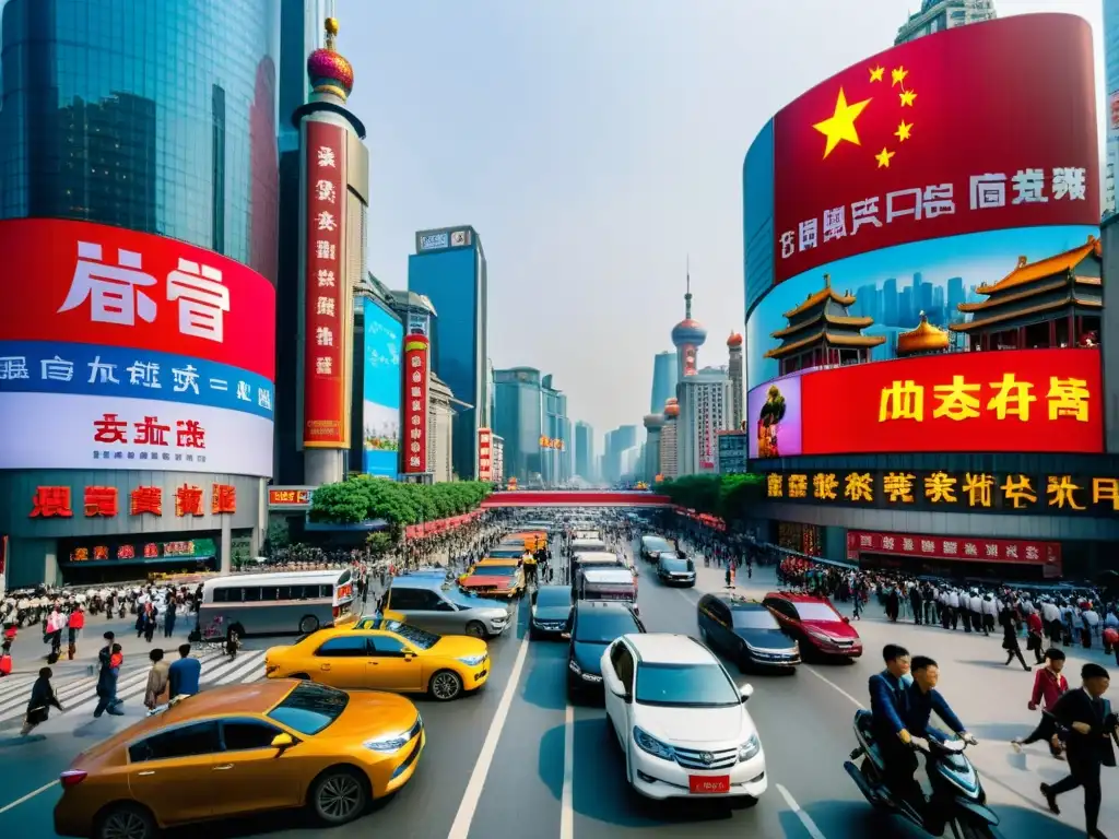 Vibrante calle en una ciudad china, con rascacielos y multitud