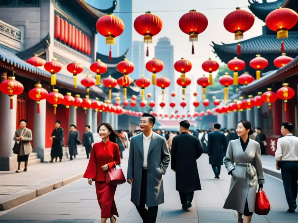 Vibrante calle de una ciudad china, con rascacielos modernos y faroles rojos tradicionales