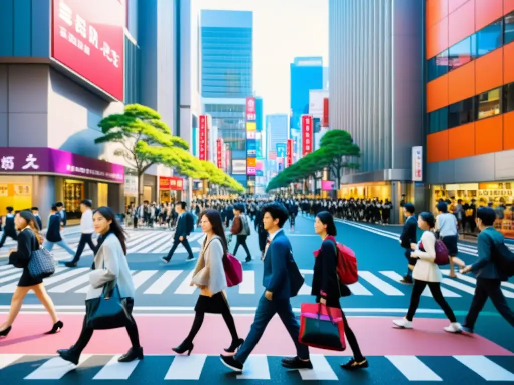 Vibrante calle de la ciudad de Tokio, Japón, llena de estudiantes y edificios modernos, capturando la energía de la mejor ciudad universitaria de Asia