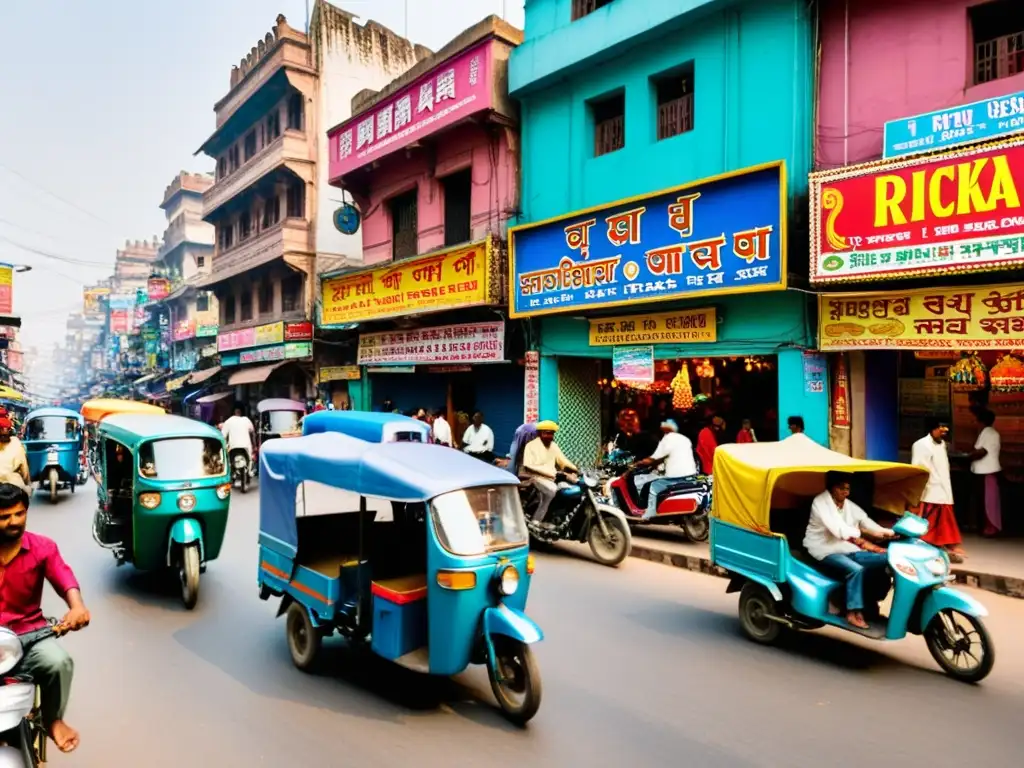 Vibrante calle en ciudad del norte de India con diversidad, cine regional indio diverso