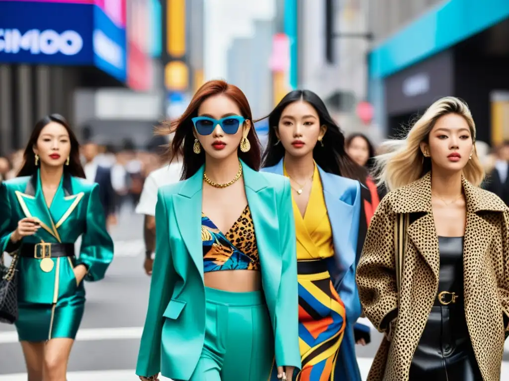 Vibrante calle de la ciudad durante la Semana de la Moda, mostrando la influencia del KPop en moda con colores vivos y estilos únicos