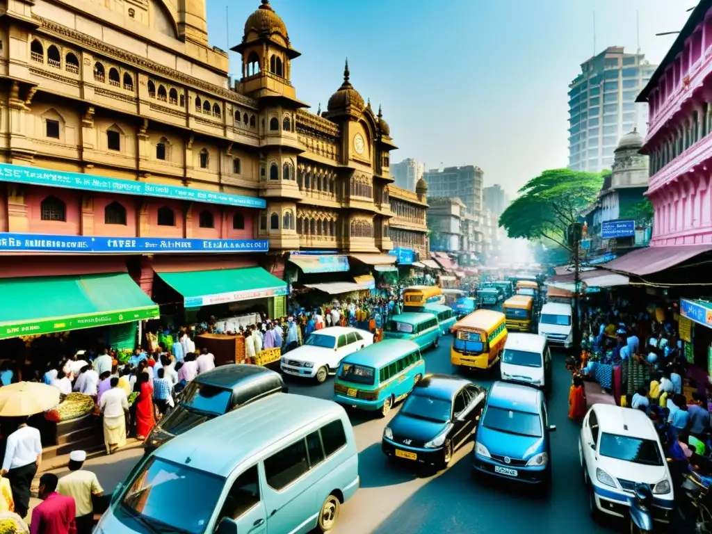 Una vibrante calle de Mumbai, India, con colores vivos, arquitectura detallada y una mezcla de elementos tradicionales y modernos