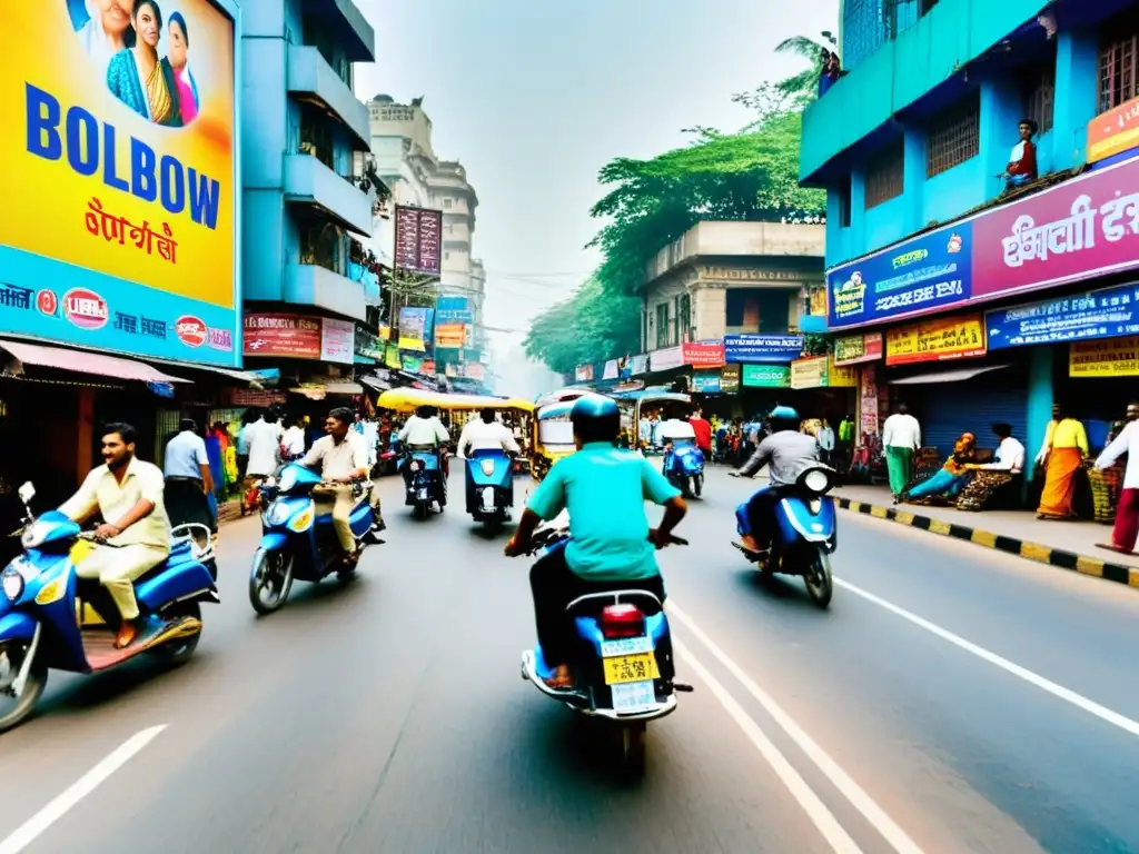 Vibrante calle de Mumbai, India, con coloridos comercios y gente